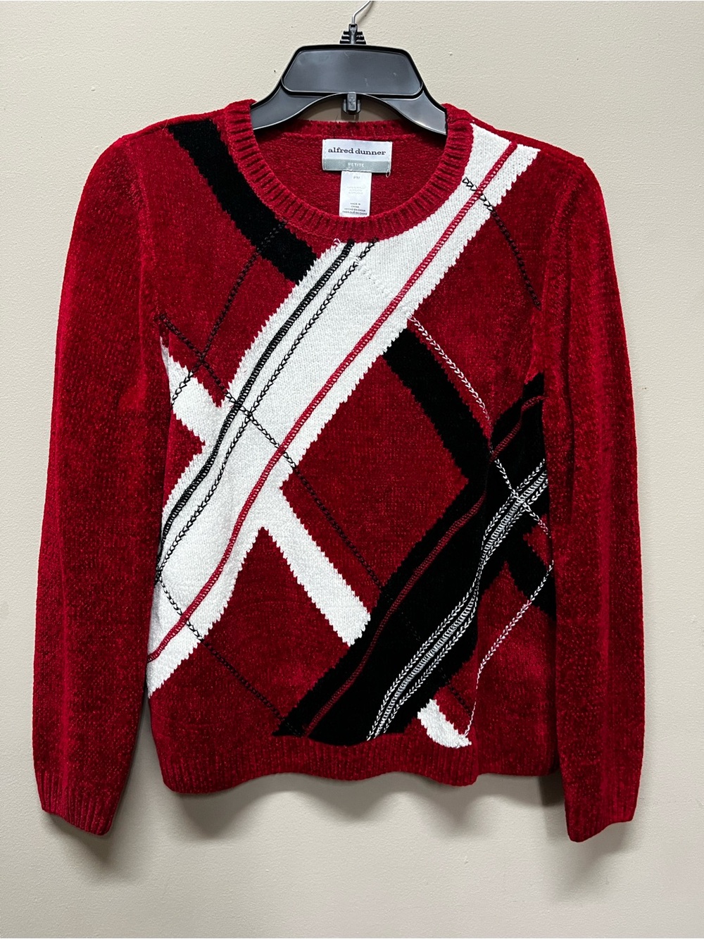 Alfred Dunner Red Crewneck Sweater with Black & White Argyle Accent
